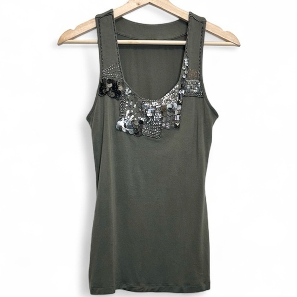 Y2K Sequin Embellished Olive Green Statement Tank Top Size Small